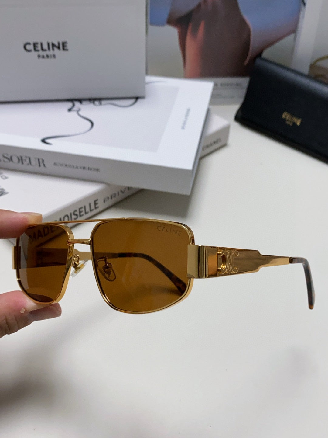 CELINE TRIOMPHE SUNGLASS 512998 IN GOLD METAL BROWN LENSES