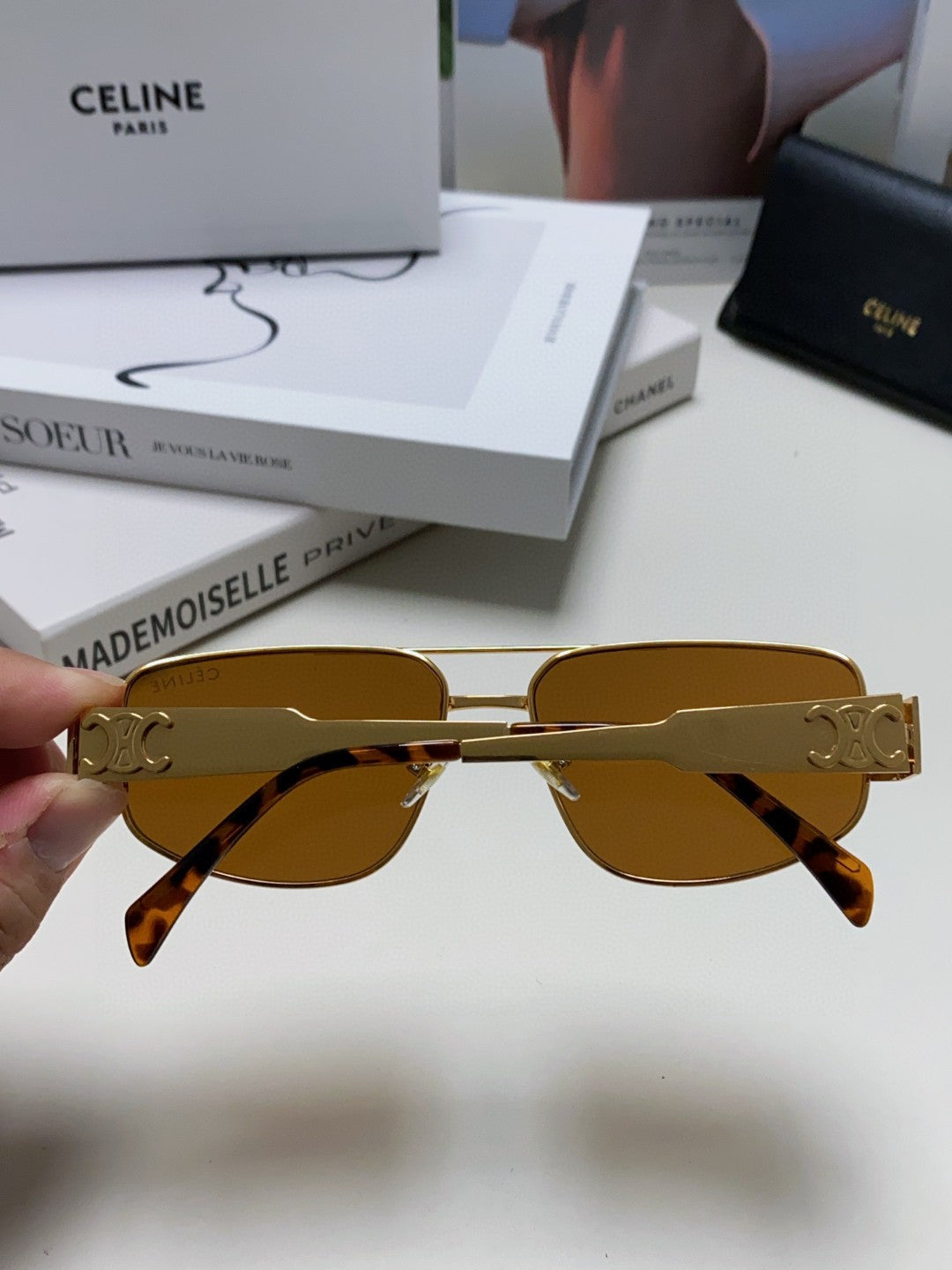 CELINE TRIOMPHE SUNGLASS 512998 IN GOLD METAL BROWN LENSES