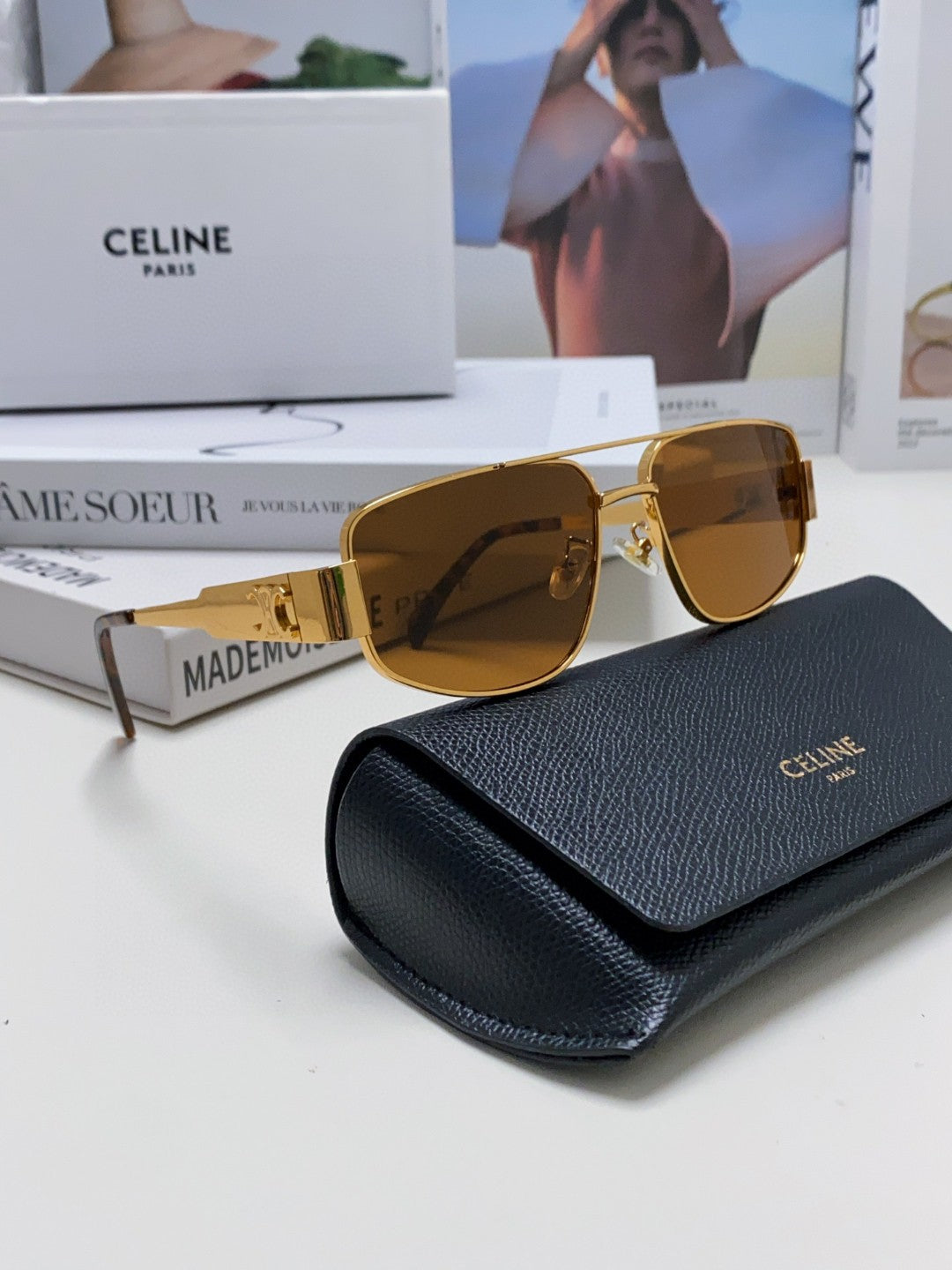 CELINE TRIOMPHE SUNGLASS 512998 IN GOLD METAL BROWN LENSES