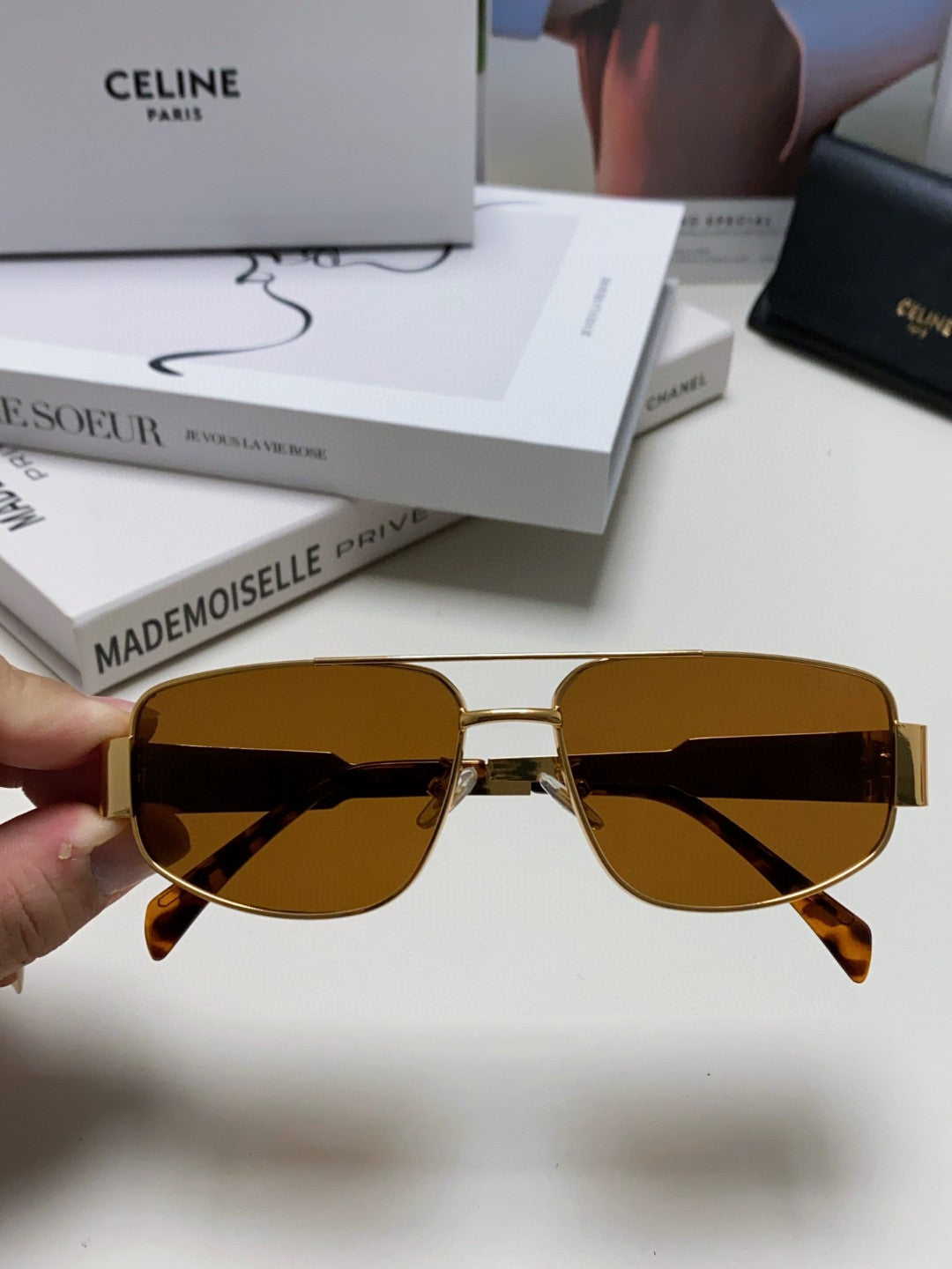 CELINE TRIOMPHE SUNGLASS 512998 IN GOLD METAL BROWN LENSES