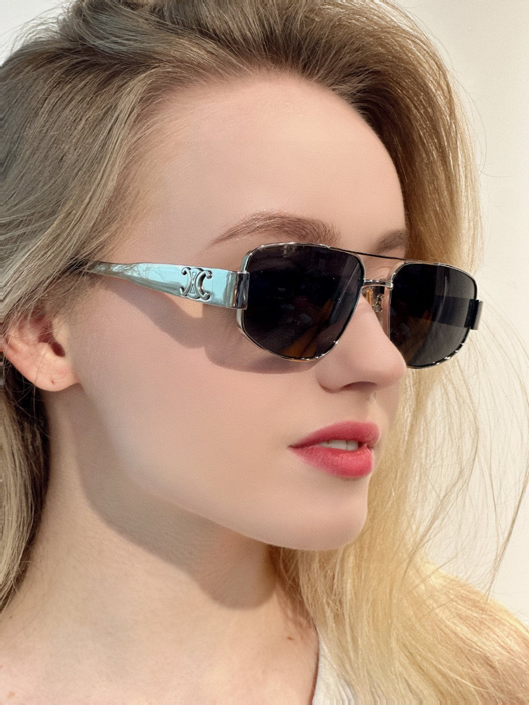 CELINE TRIOMPHE SUNGLASS 512999 IN SILVER METAL BLACK LENSES