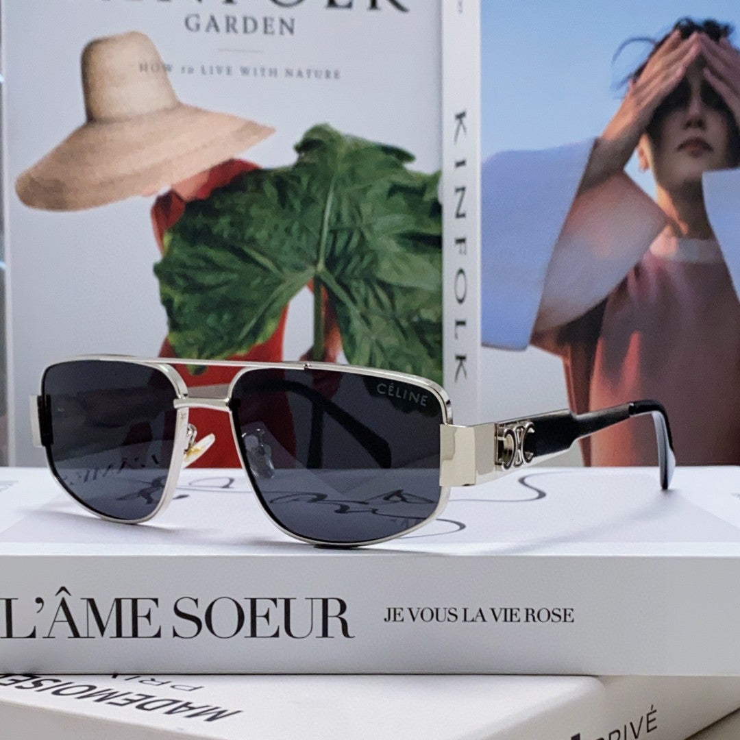 CELINE TRIOMPHE SUNGLASS 512999 IN SILVER METAL BLACK LENSES