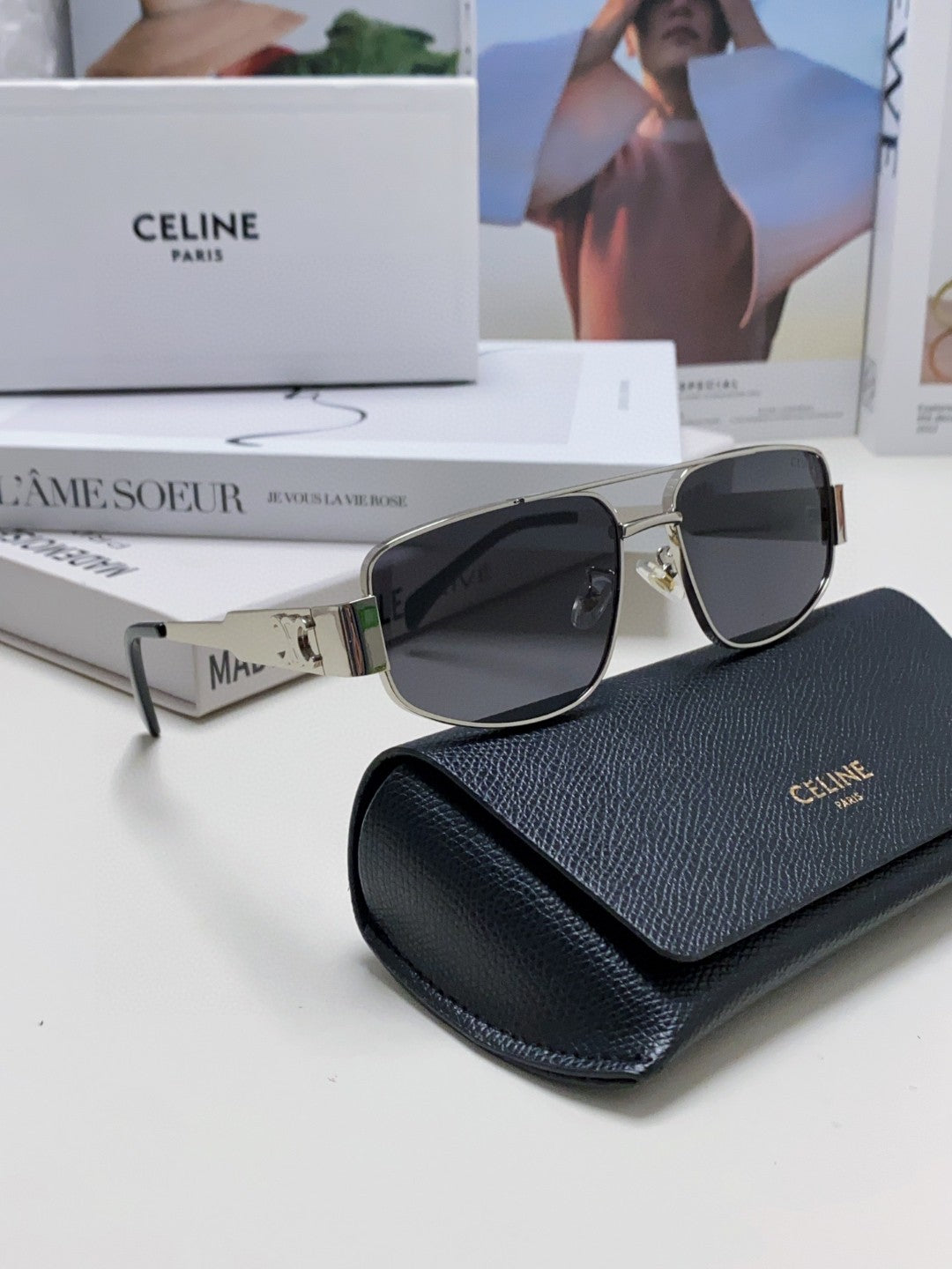 CELINE TRIOMPHE SUNGLASS 512999 IN SILVER METAL BLACK LENSES