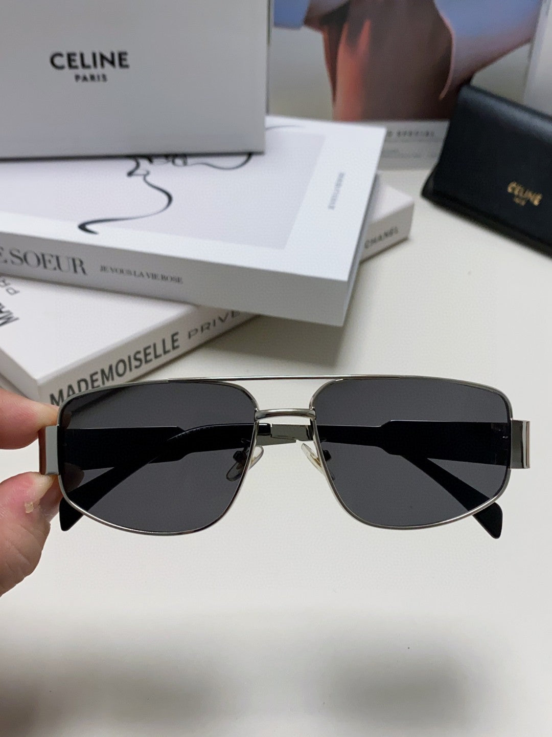 CELINE TRIOMPHE SUNGLASS 512999 IN SILVER METAL BLACK LENSES
