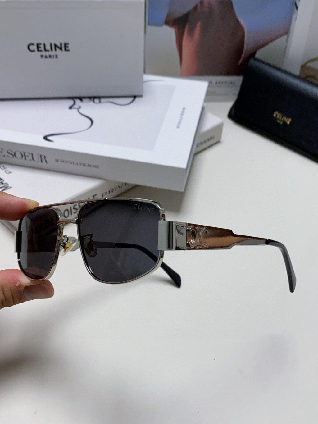 CELINE TRIOMPHE SUNGLASS 512999 IN SILVER METAL BLACK LENSES