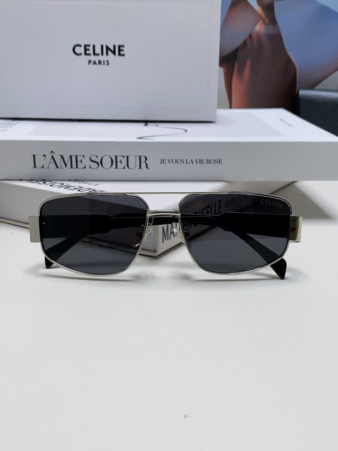 CELINE TRIOMPHE SUNGLASS 512999 IN SILVER METAL BLACK LENSES