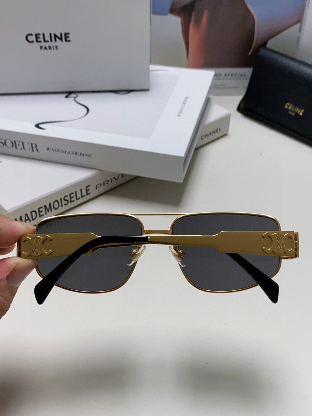 CELINE TRIOMPHE SUNGLASS 513000 IN GOLD METAL BLACK LENSES