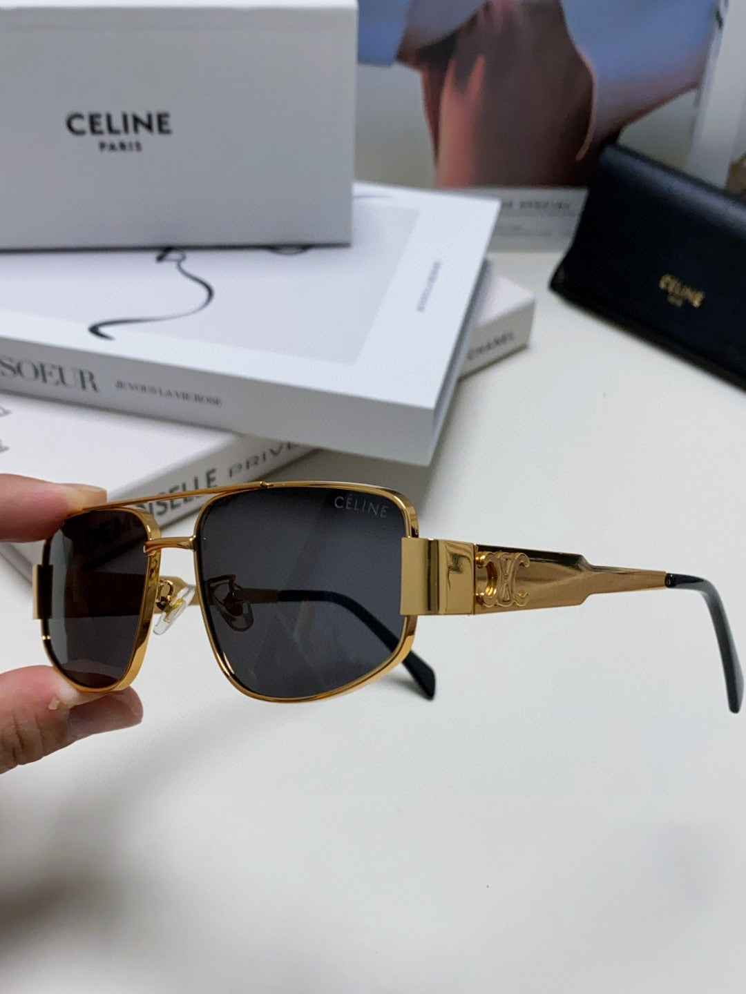 CELINE TRIOMPHE SUNGLASS 513000 IN GOLD METAL BLACK LENSES