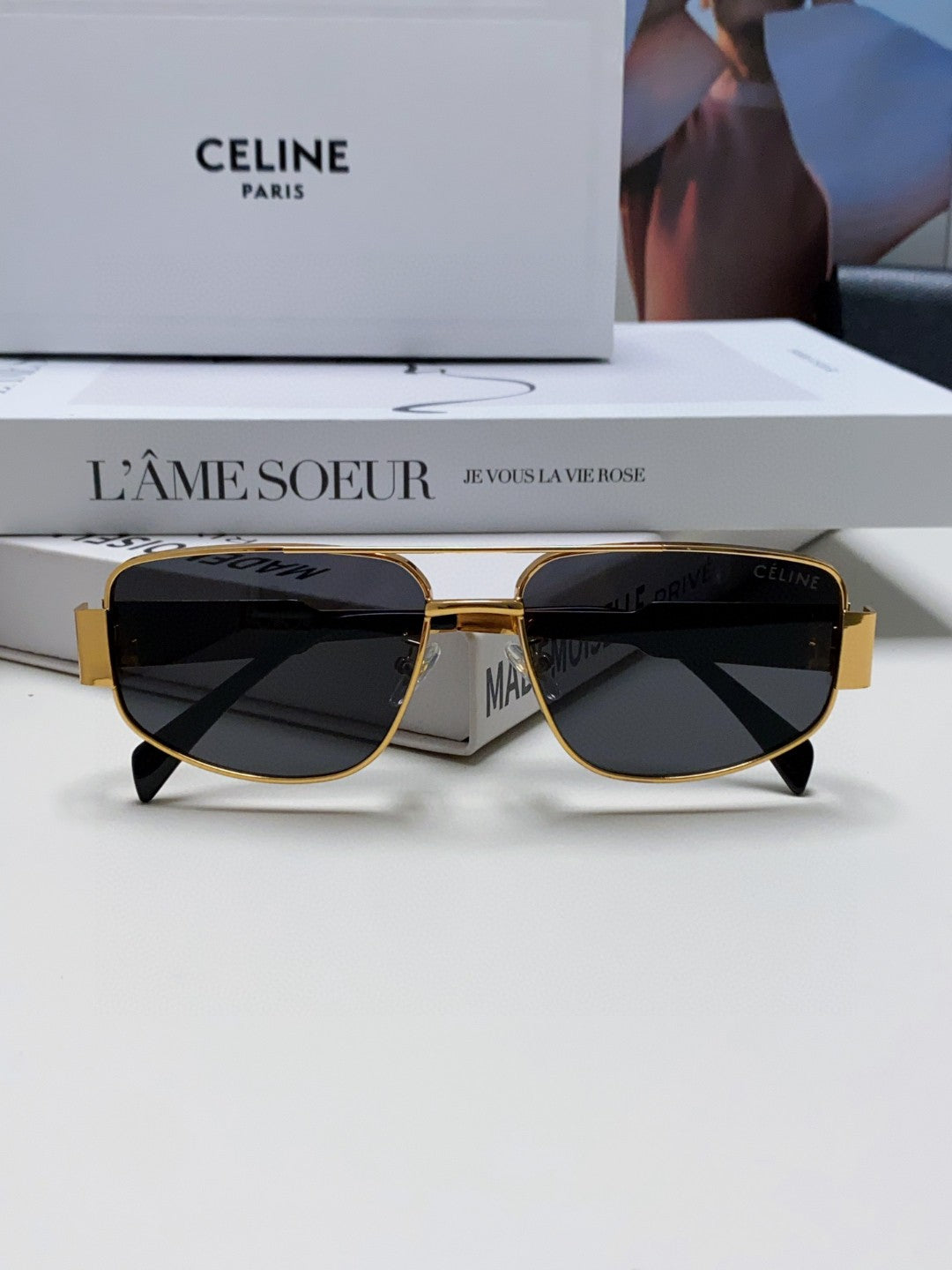 CELINE TRIOMPHE SUNGLASS 513000 IN GOLD METAL BLACK LENSES