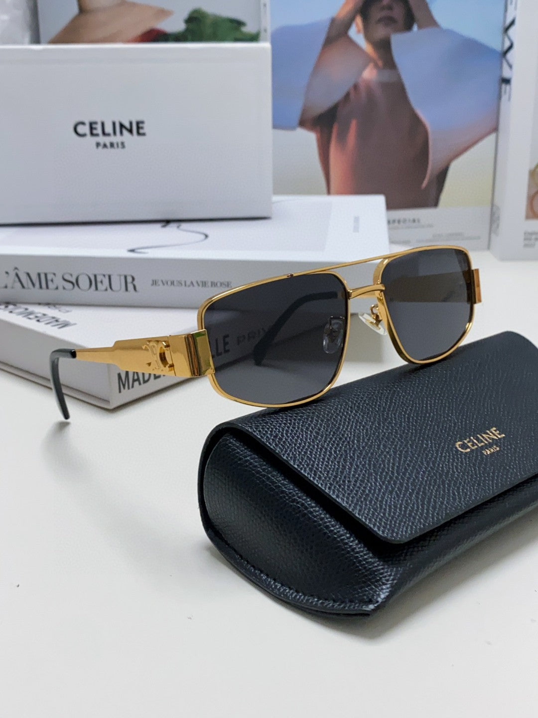 CELINE TRIOMPHE SUNGLASS 513000 IN GOLD METAL BLACK LENSES