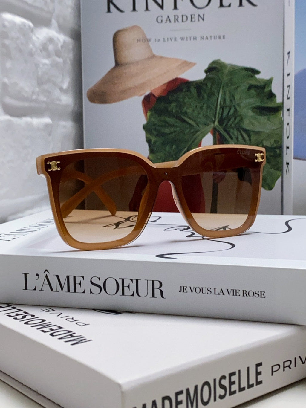 CELINE TRIOMPHE SUNGLASSES 552774 IN CARAMEL ACETATE TEXT LOGO