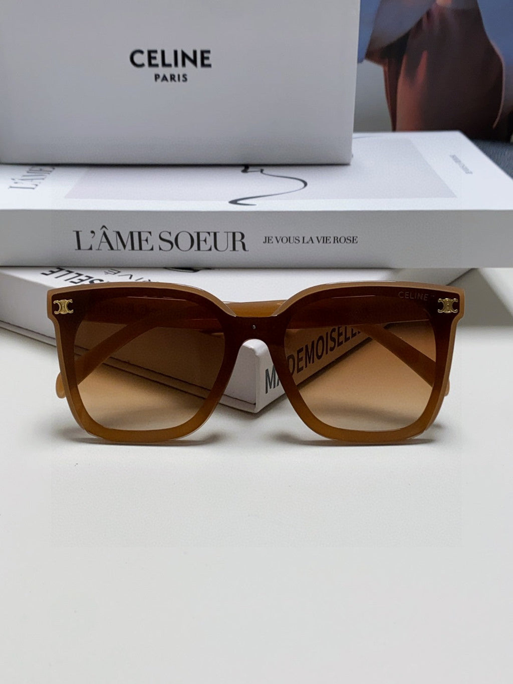 CELINE TRIOMPHE SUNGLASSES 552774 IN CARAMEL ACETATE TEXT LOGO