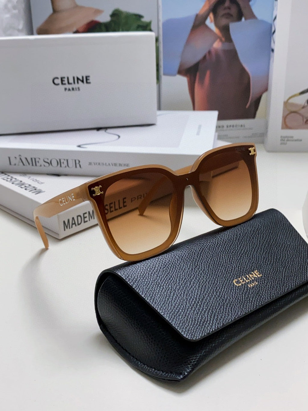 CELINE TRIOMPHE SUNGLASSES 552774 IN CARAMEL ACETATE TEXT LOGO