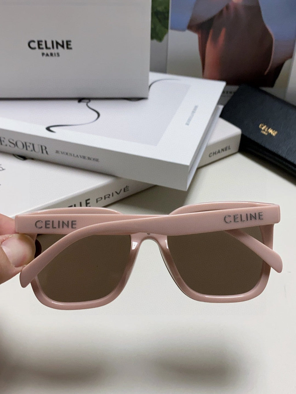 CELINE TRIOMPHE SUNGLASSES 552774 IN BABY PINK ACETATE TEXT LOGO