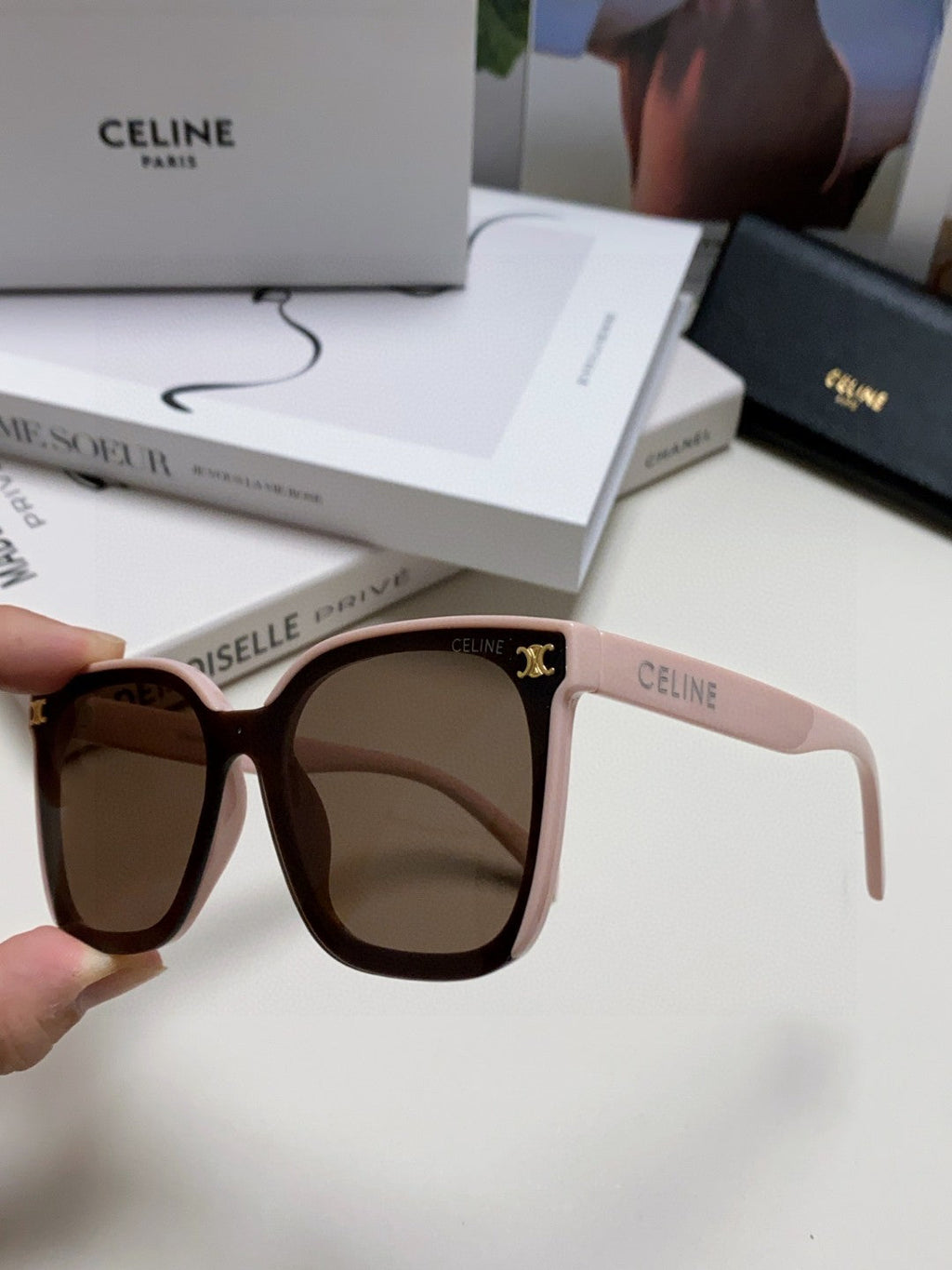 CELINE TRIOMPHE SUNGLASSES 552774 IN BABY PINK ACETATE TEXT LOGO