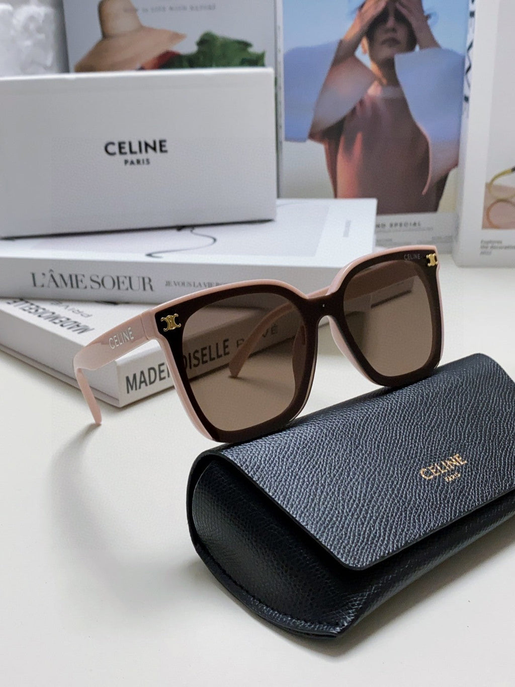 CELINE TRIOMPHE SUNGLASSES 552774 IN BABY PINK ACETATE TEXT LOGO
