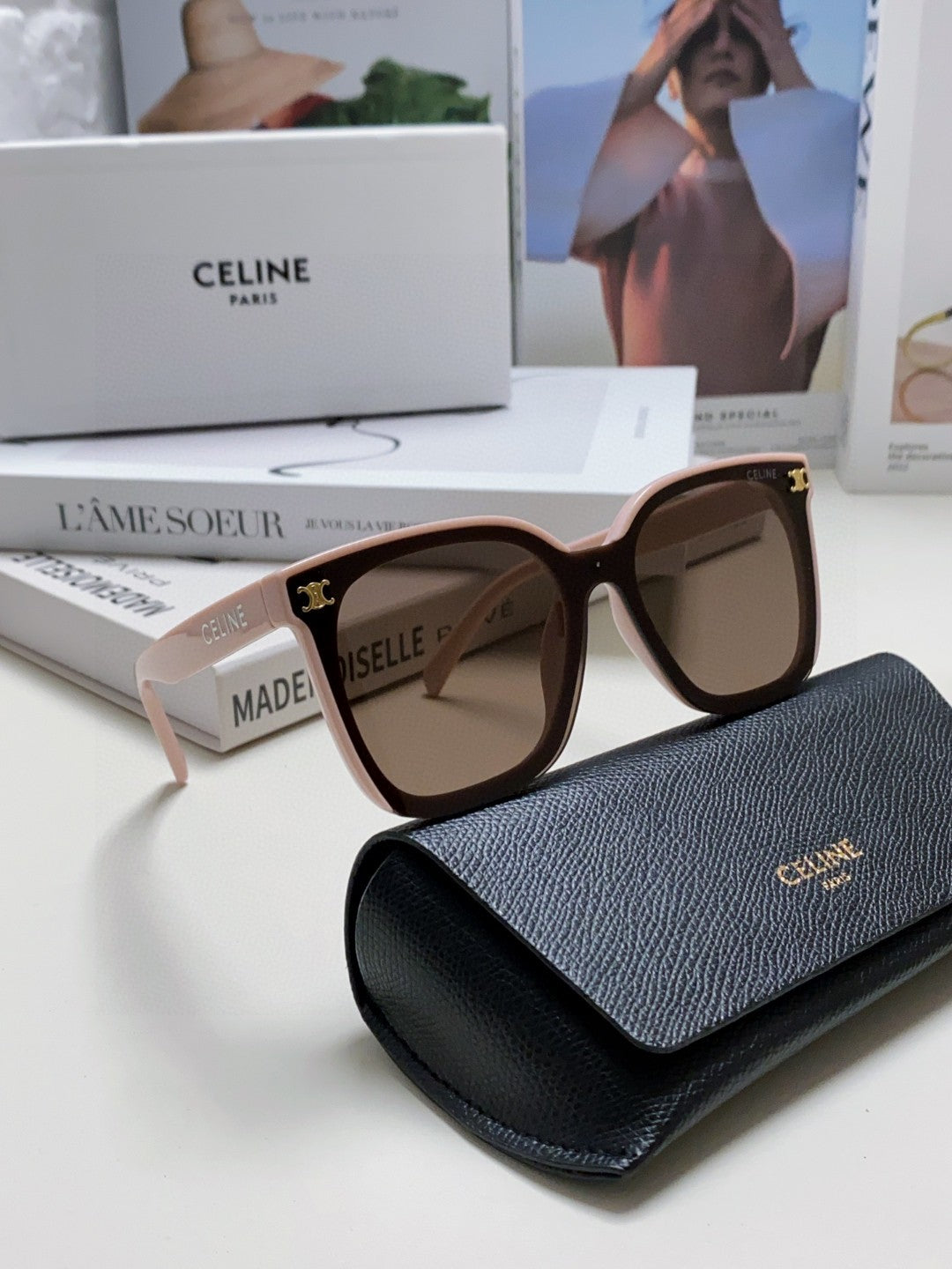 CELINE TRIOMPHE SUNGLASSES 552774 IN BABY PINK ACETATE TEXT LOGO