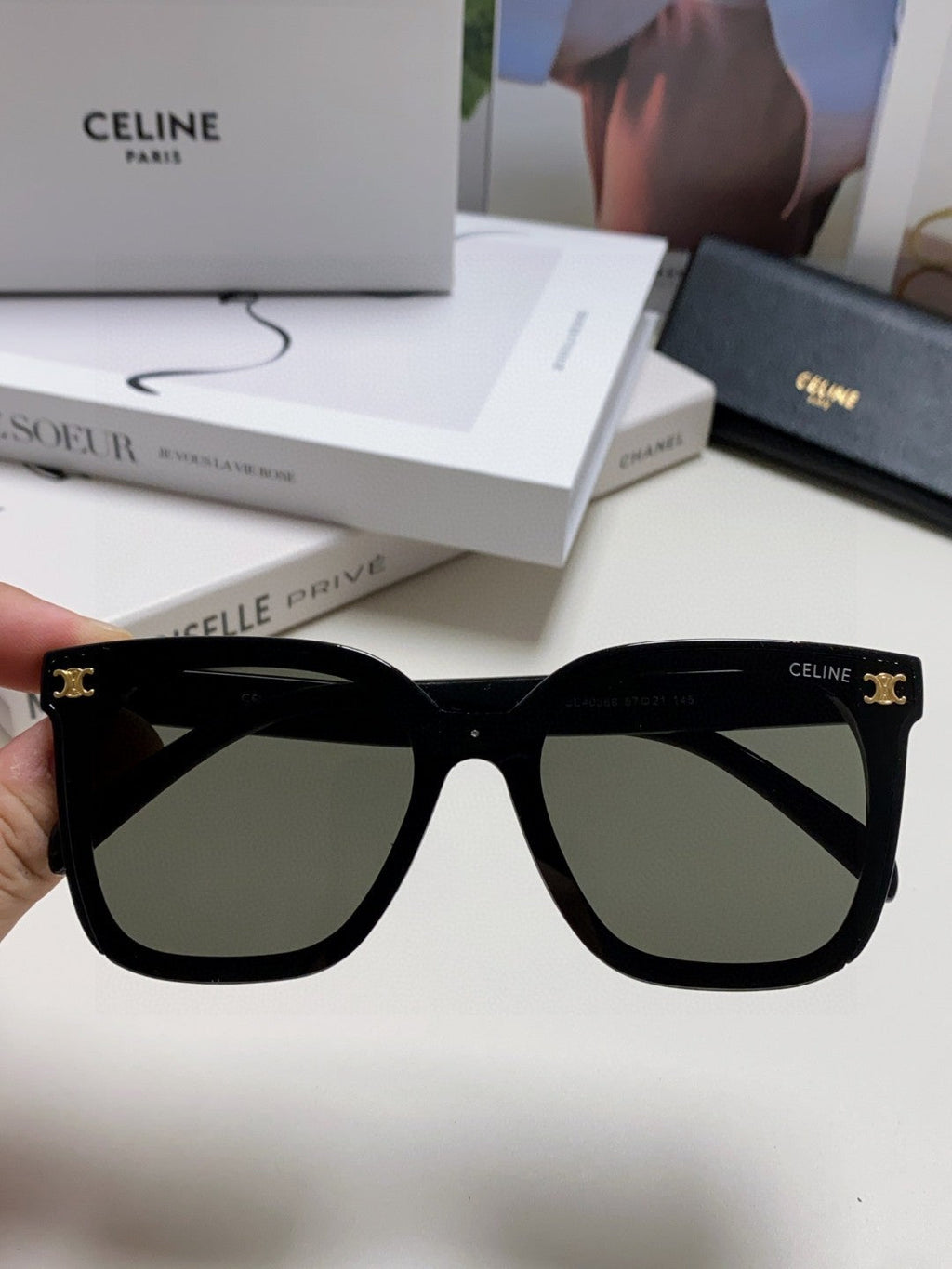 CELINE TRIOMPHE SUNGLASSES 552776 IN BLACK ACETATE TEXT LOGO