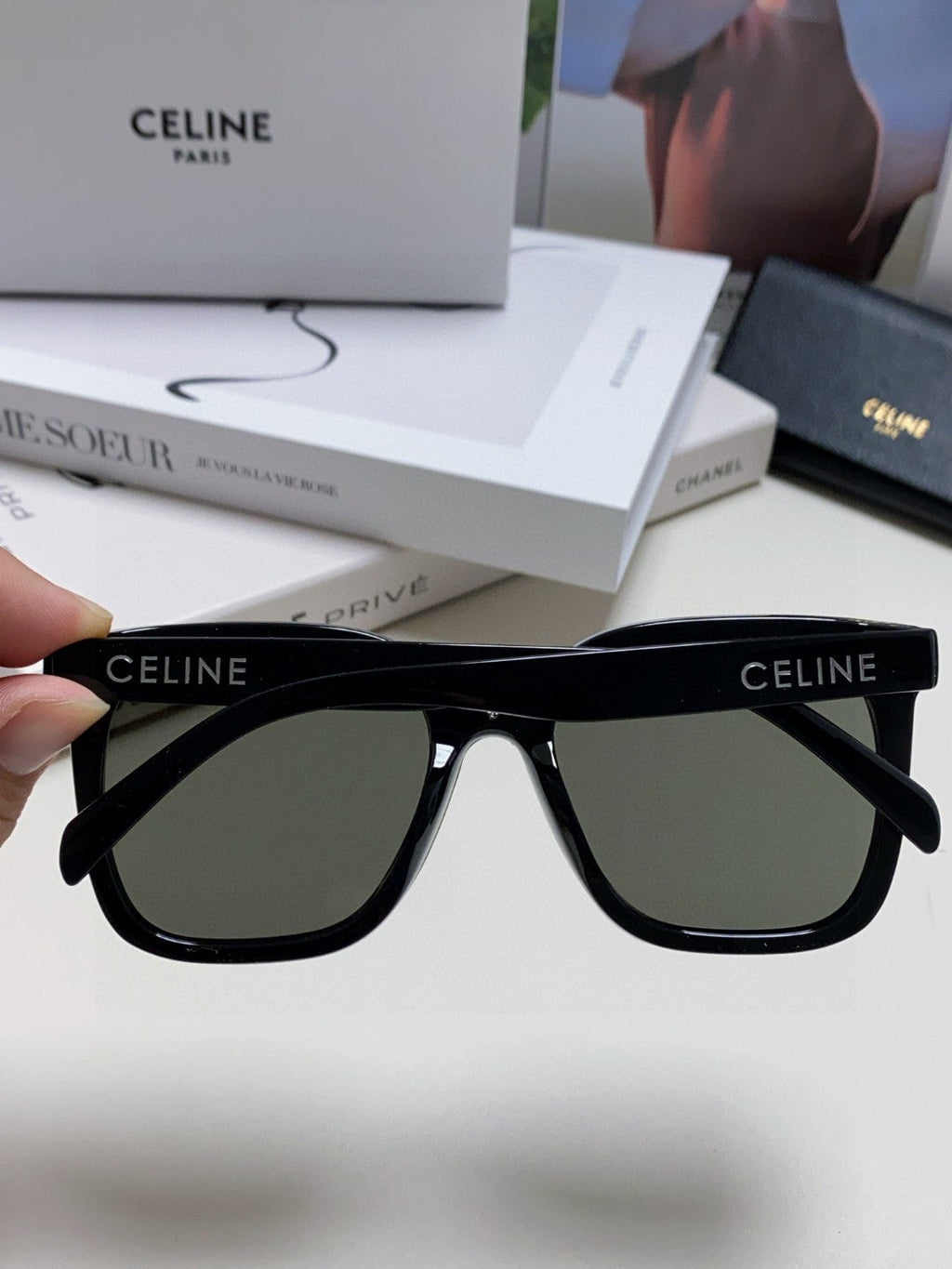 CELINE TRIOMPHE SUNGLASSES 552776 IN BLACK ACETATE TEXT LOGO