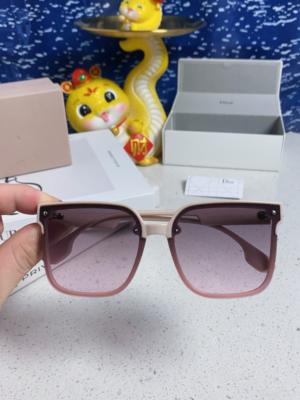 DIOR MONTAIGNE SUNGLASS 560859 IN BEIGE ACETATE PINK SMOKE LENSES