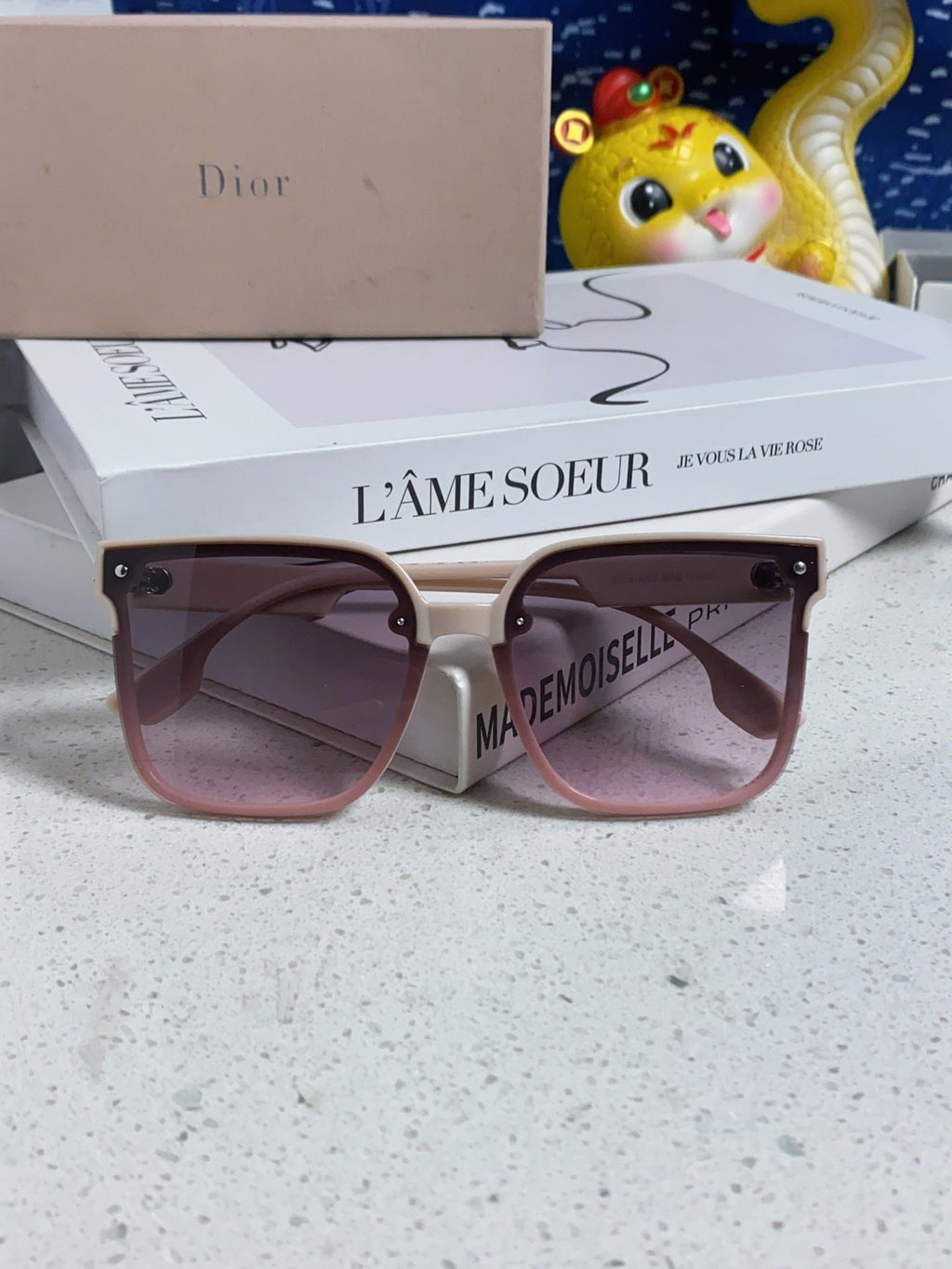DIOR MONTAIGNE SUNGLASS 560859 IN BEIGE ACETATE PINK SMOKE LENSES