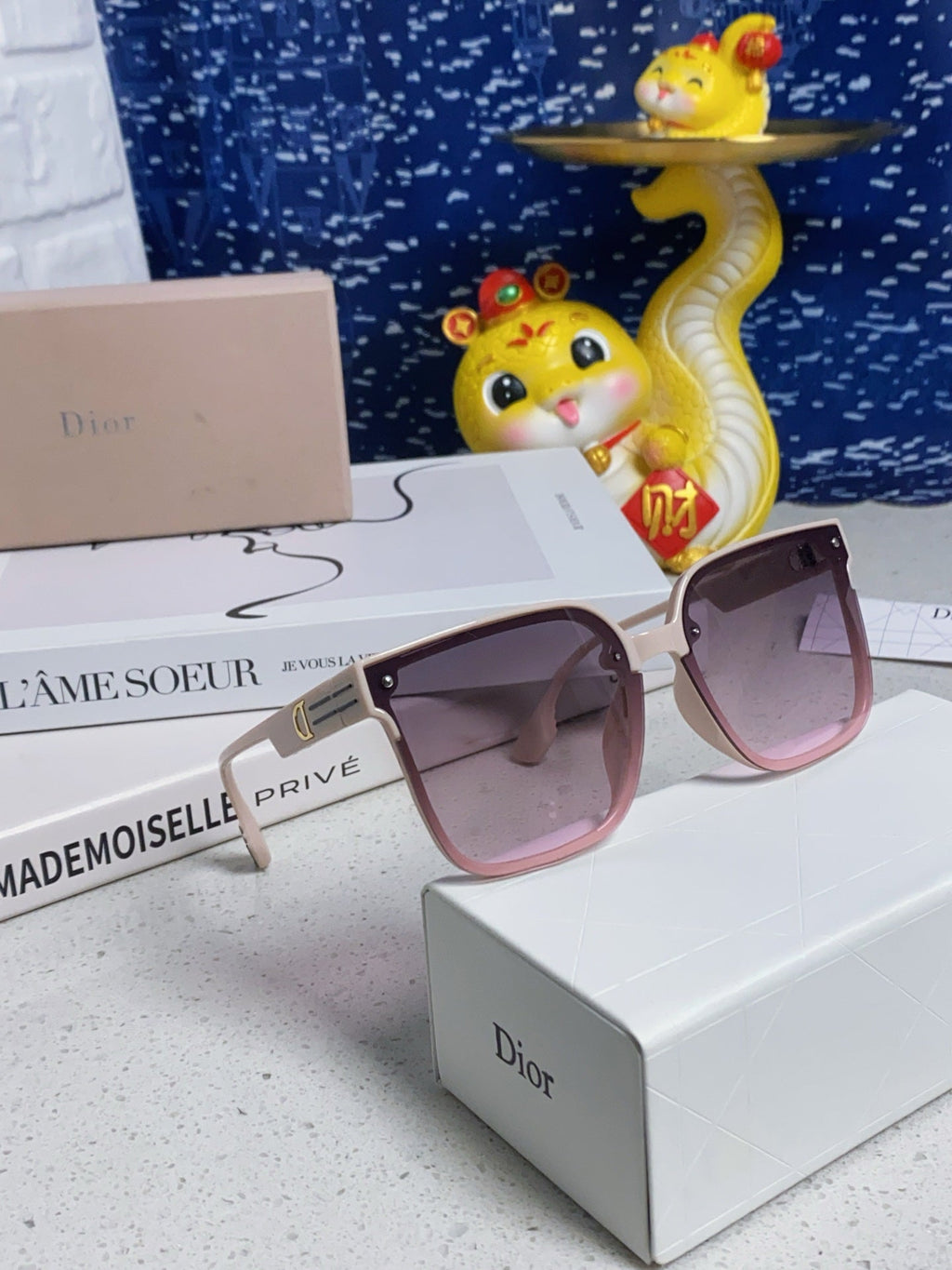 DIOR MONTAIGNE SUNGLASS 560859 IN BEIGE ACETATE PINK SMOKE LENSES