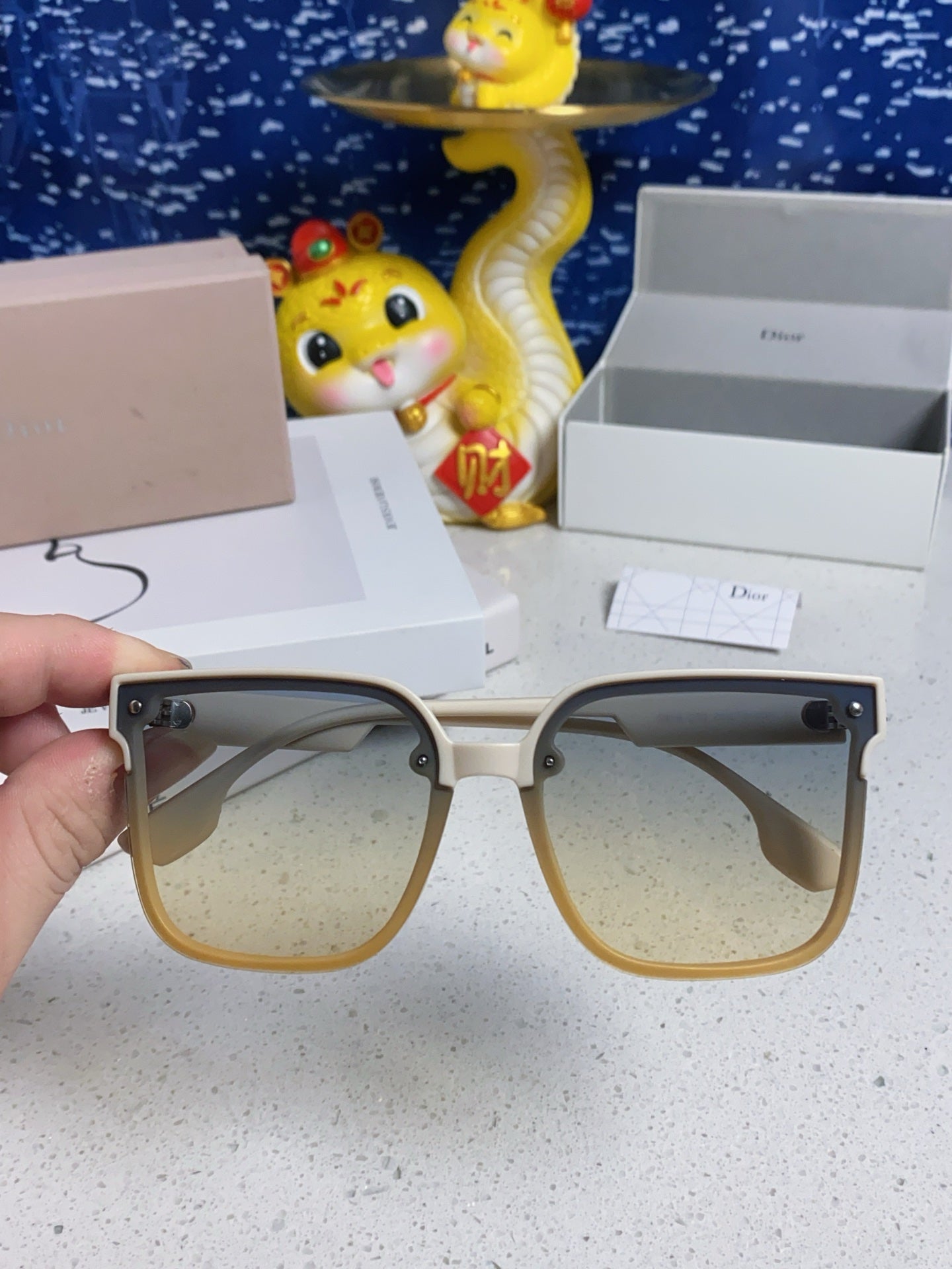 DIOR MONTAIGNE SUNGLASS 560858 IN IVORY ACETATE GREY YELLOW SMOKE LENSES