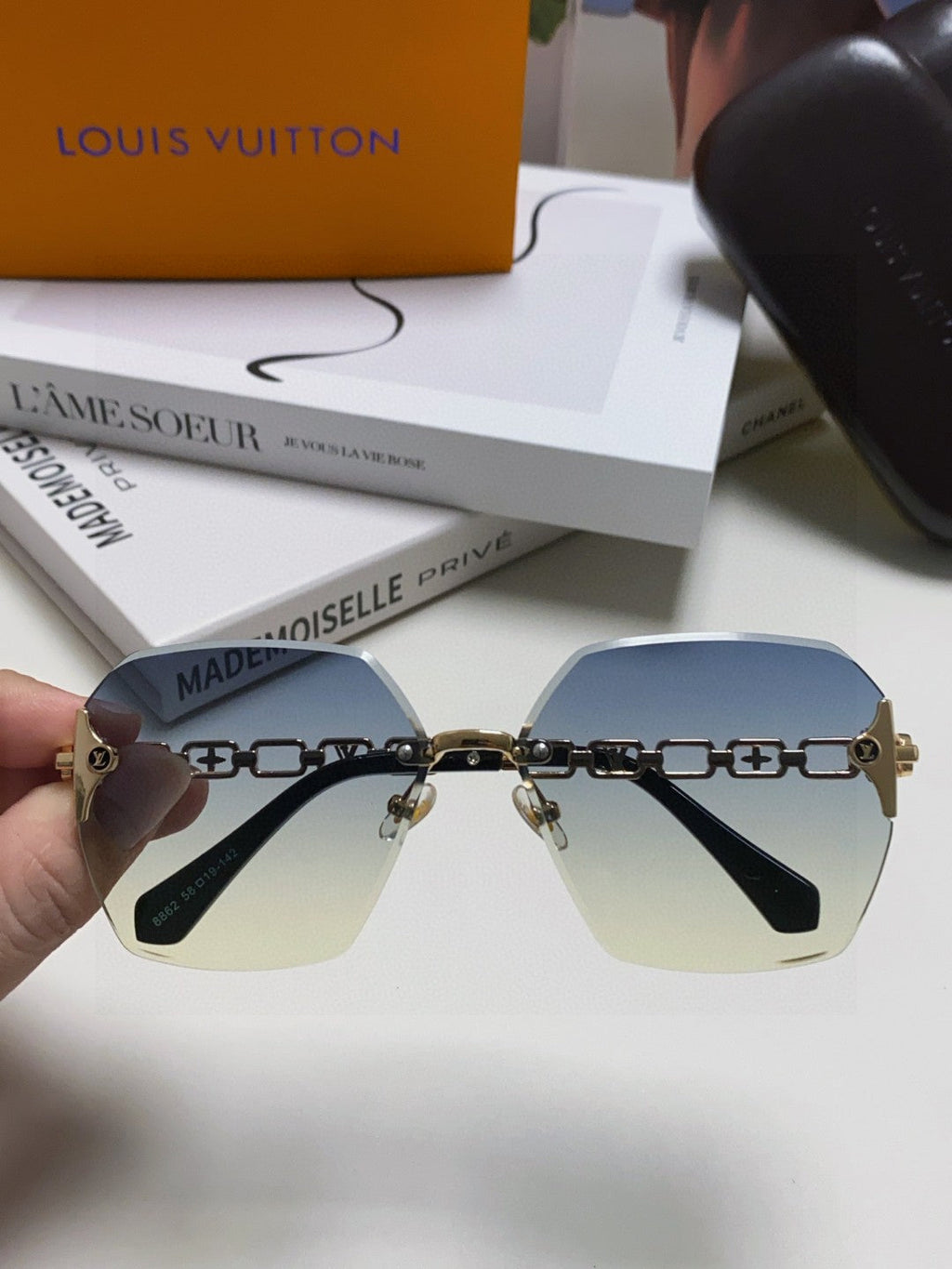 LOUIS VUITTON CHAIN SQUARE SUNGLASSES 570259 IN GOLD METAL GREY YELLOW SMOKE LENS