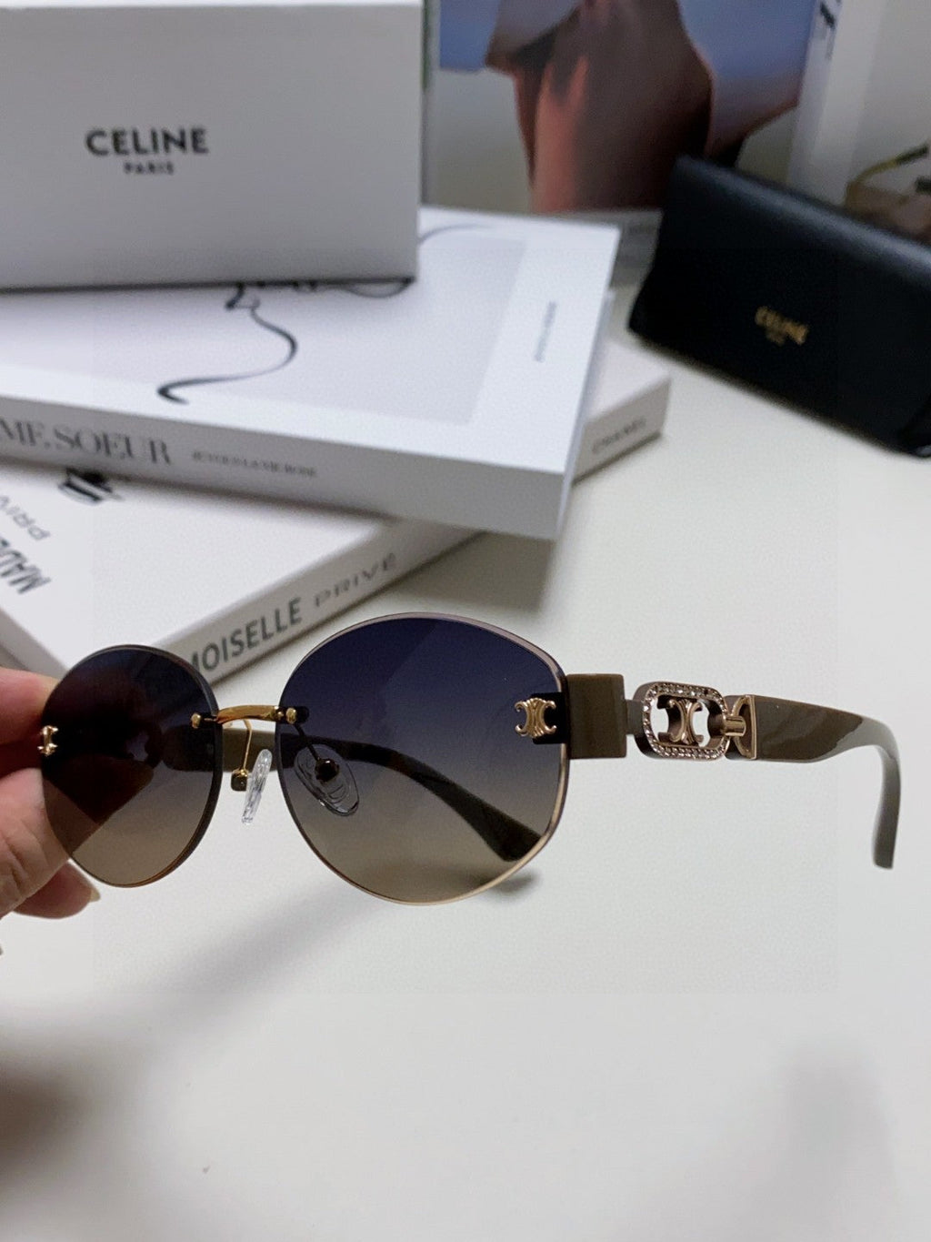 CELINE TRIOMPHE SUNGLASSES 573246 IN TAUPE BROWN METAL GRADIENT SMOKE LENSES
