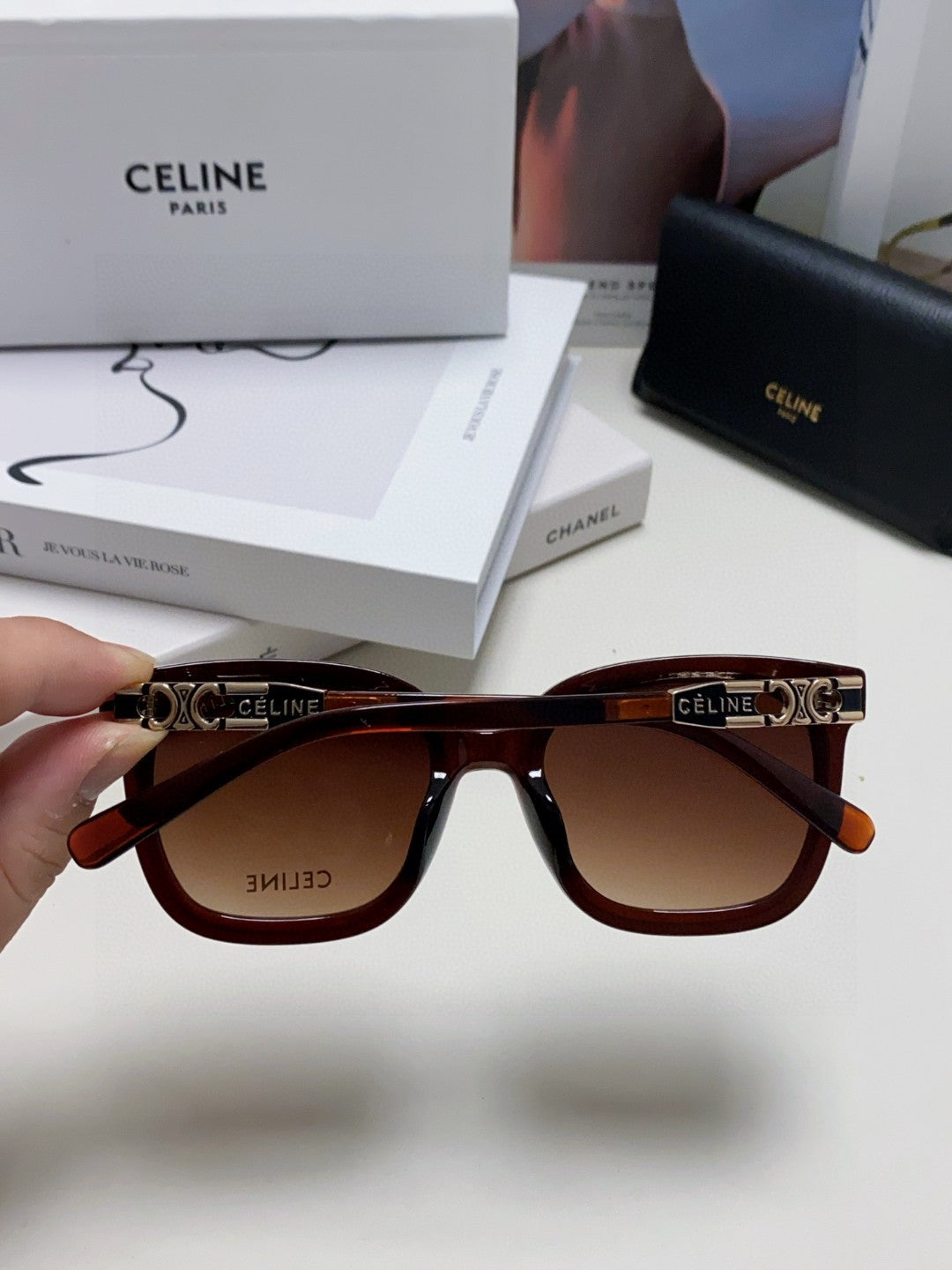 CELINE TRIOMPHE SUNGLASSES 573248 IN BROWN ACETATE METAL LOGO