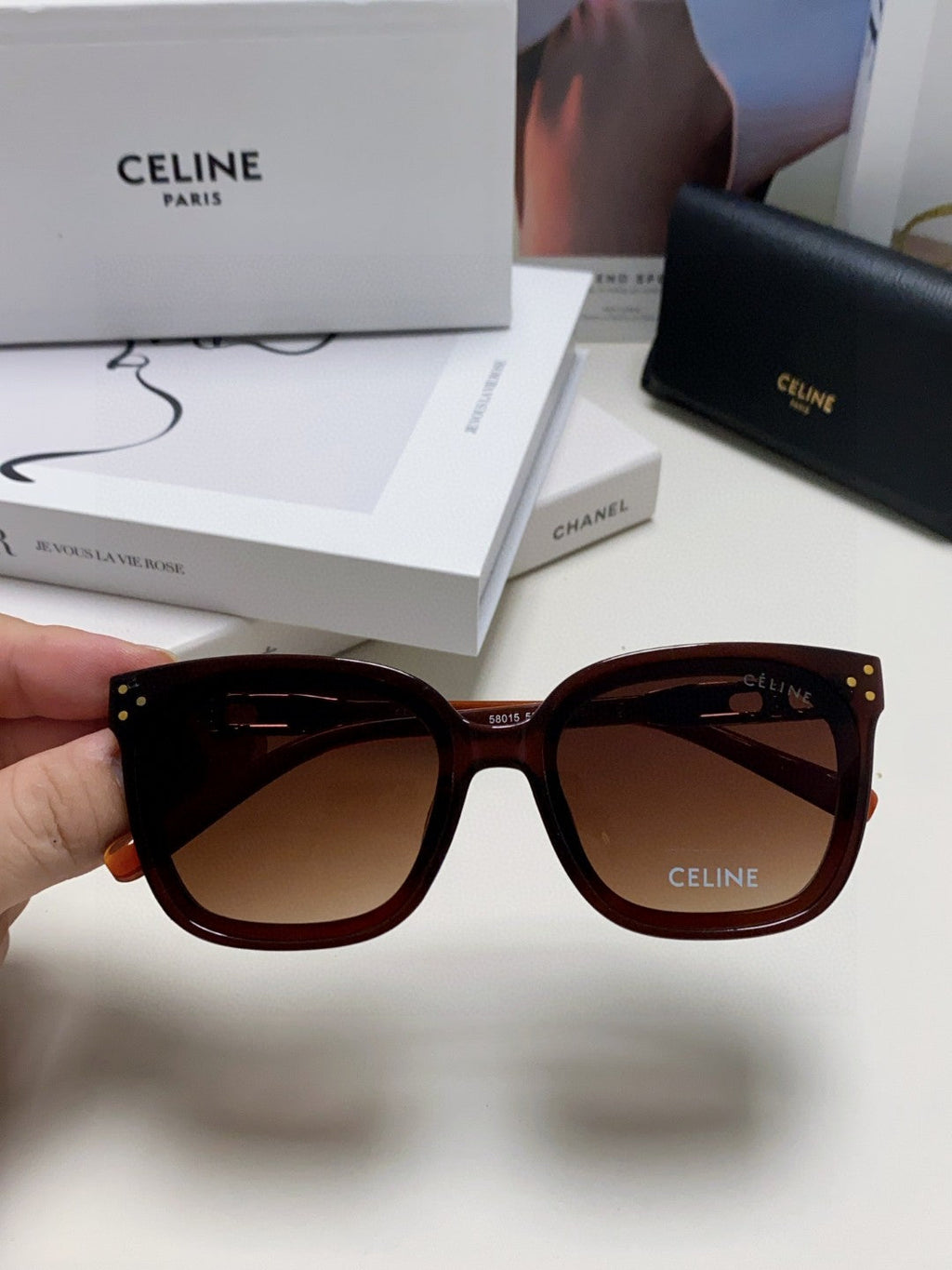 CELINE TRIOMPHE SUNGLASSES 573248 IN BROWN ACETATE METAL LOGO