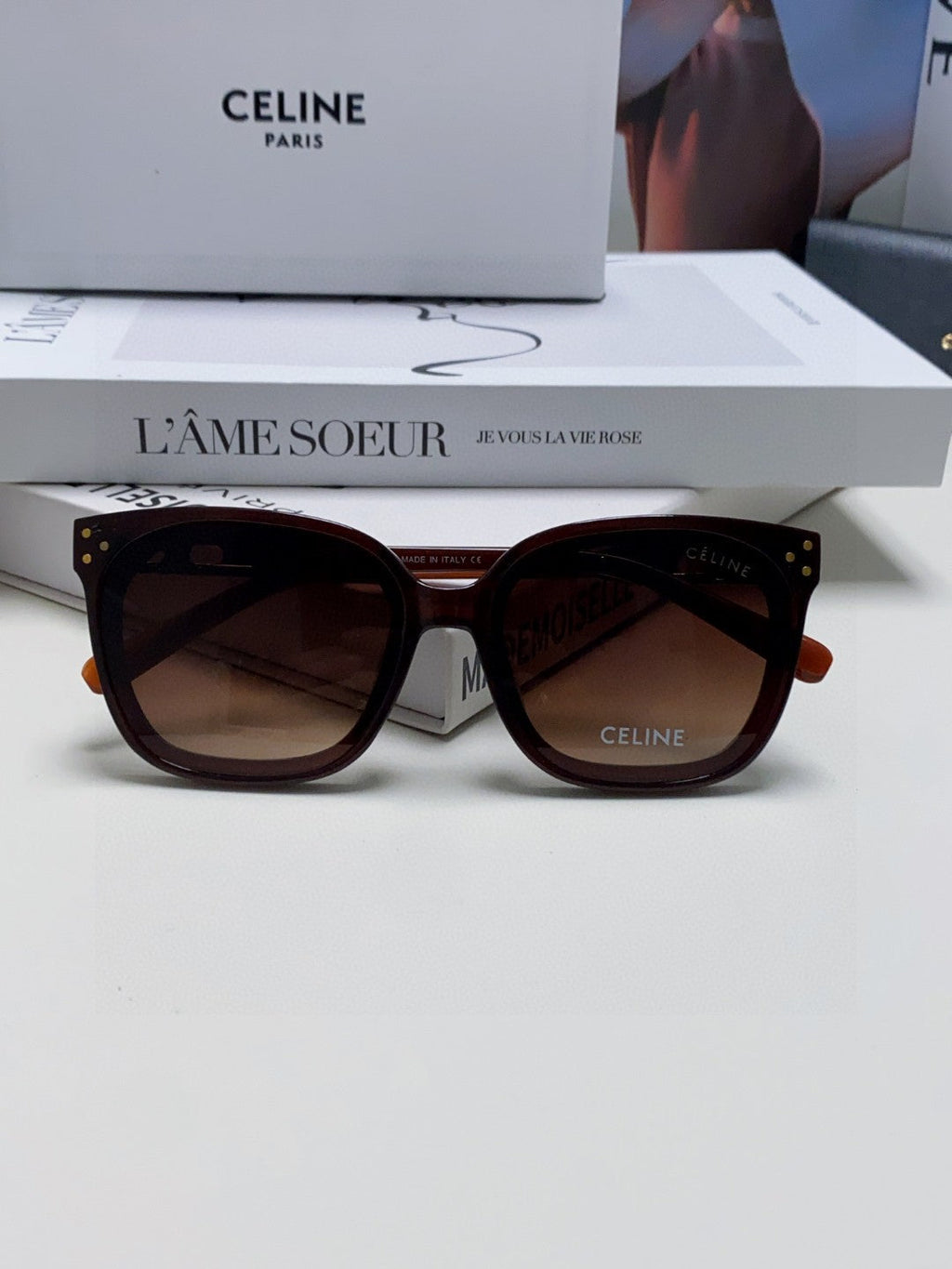 CELINE TRIOMPHE SUNGLASSES 573248 IN BROWN ACETATE METAL LOGO