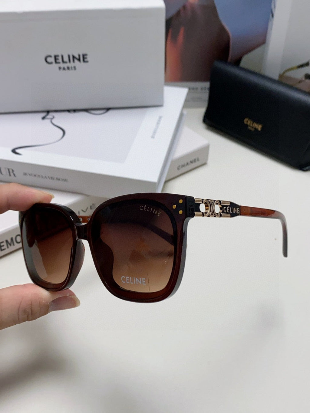 CELINE TRIOMPHE SUNGLASSES 573248 IN BROWN ACETATE METAL LOGO