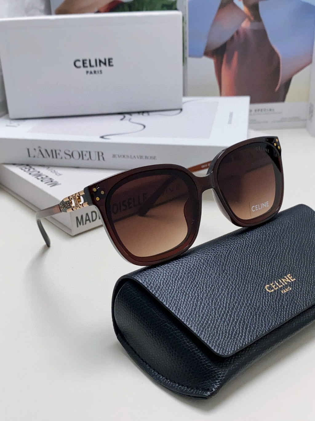 CELINE TRIOMPHE SUNGLASSES 573248 IN BROWN ACETATE METAL LOGO