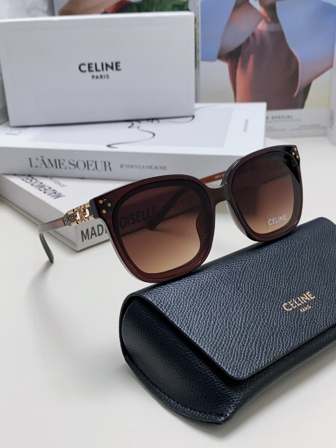 CELINE TRIOMPHE SUNGLASSES 573248 IN BROWN ACETATE METAL LOGO