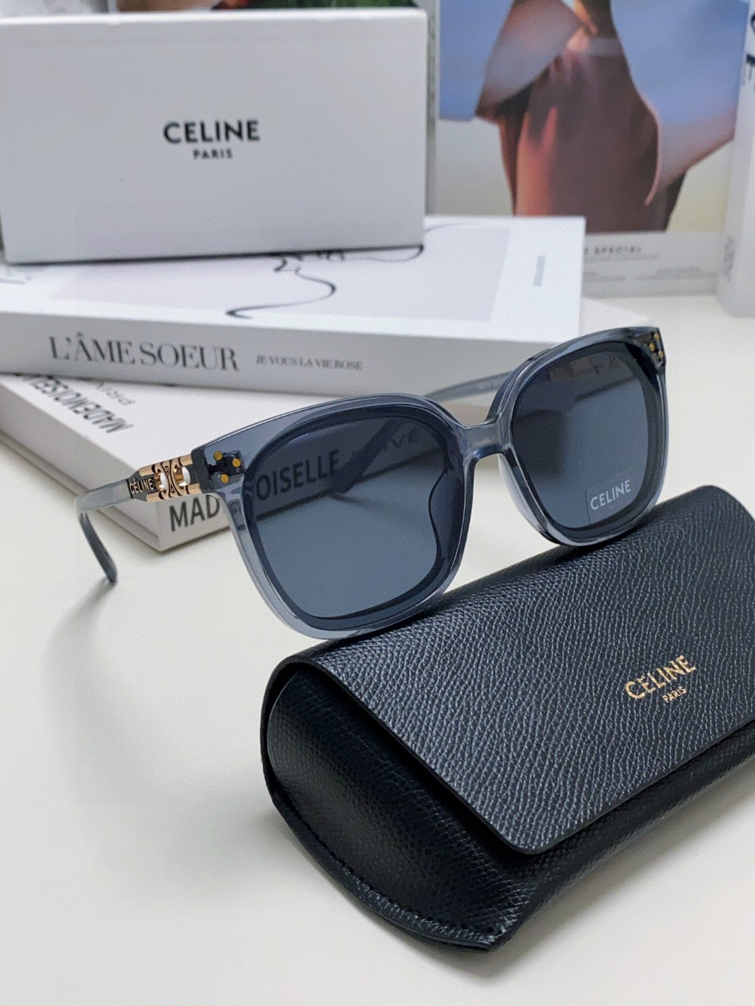 CELINE TRIOMPHE SUNGLASSES 573249 IN NAVY BLUE ACETATE METAL LOGO