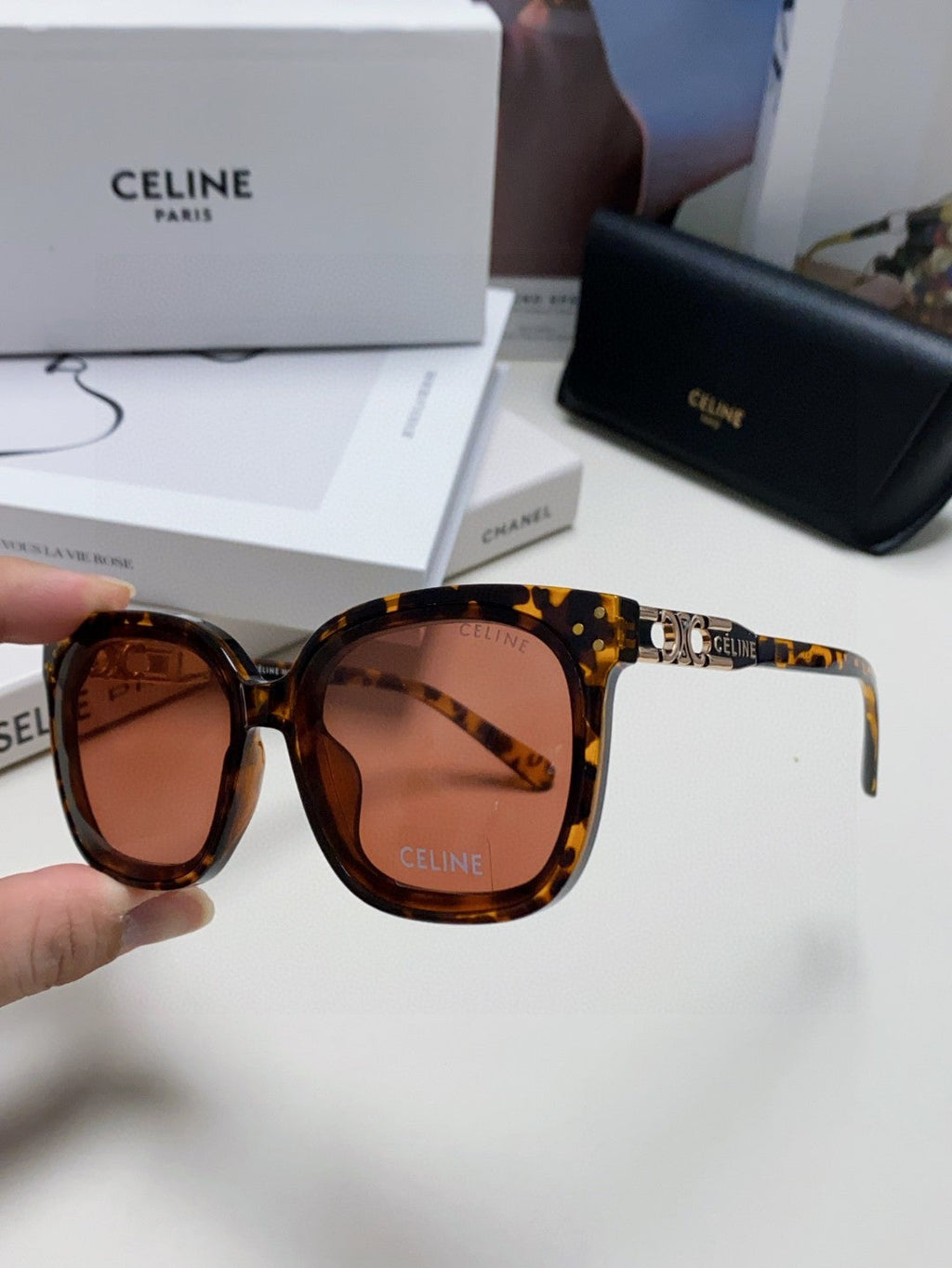 CELINE TRIOMPHE SUNGLASSES 573251 IN HAVANA ACETATE METAL LOGO