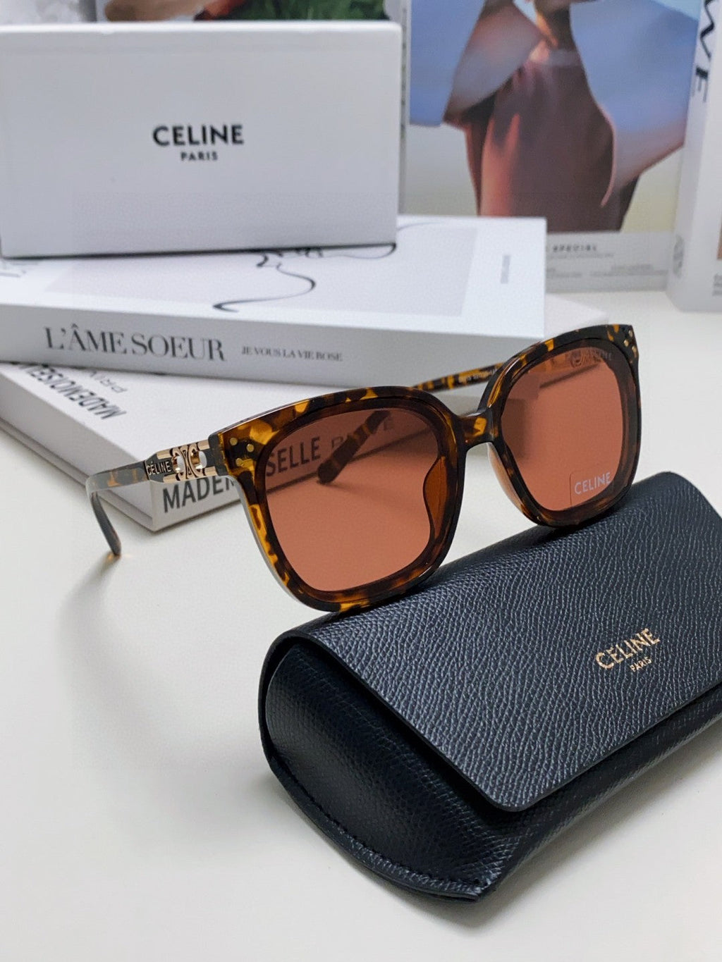 CELINE TRIOMPHE SUNGLASSES 573251 IN HAVANA ACETATE METAL LOGO