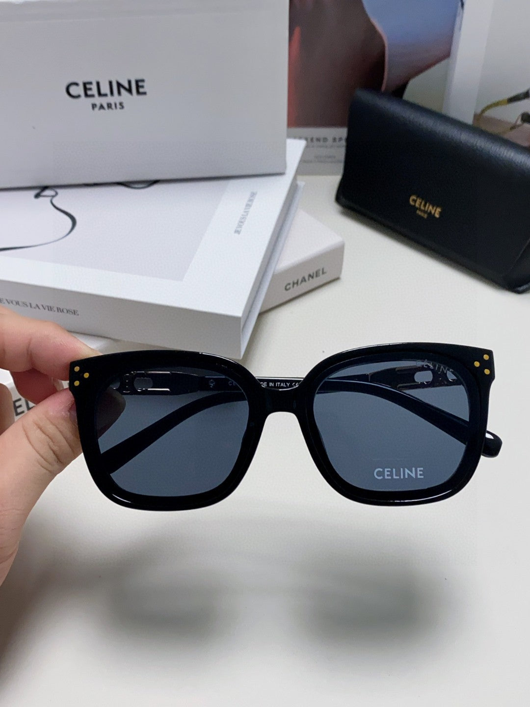CELINE TRIOMPHE SUNGLASSES 573252 IN BLACK ACETATE METAL LOGO