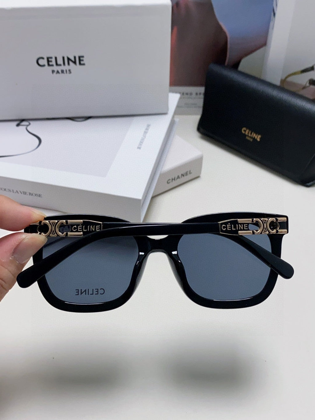 CELINE TRIOMPHE SUNGLASSES 573252 IN BLACK ACETATE METAL LOGO