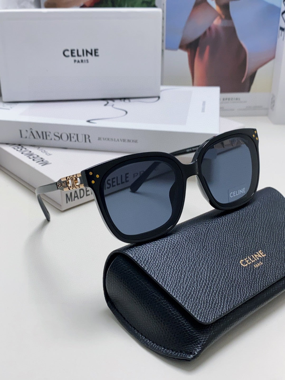 CELINE TRIOMPHE SUNGLASSES 573252 IN BLACK ACETATE METAL LOGO