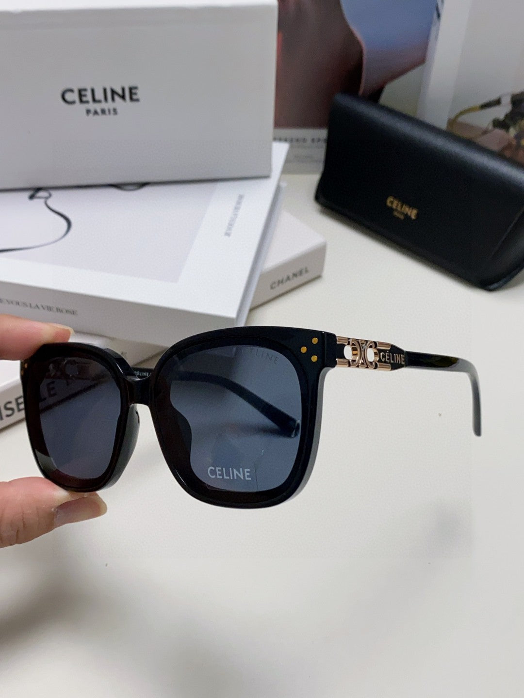 CELINE TRIOMPHE SUNGLASSES 573252 IN BLACK ACETATE METAL LOGO