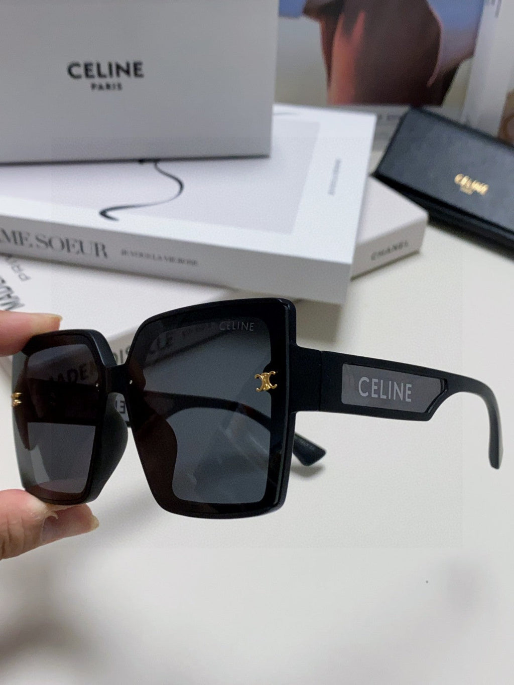 CELINE TRIOMPHE SUNGLASSES 573256 IN BLACK ACETATE