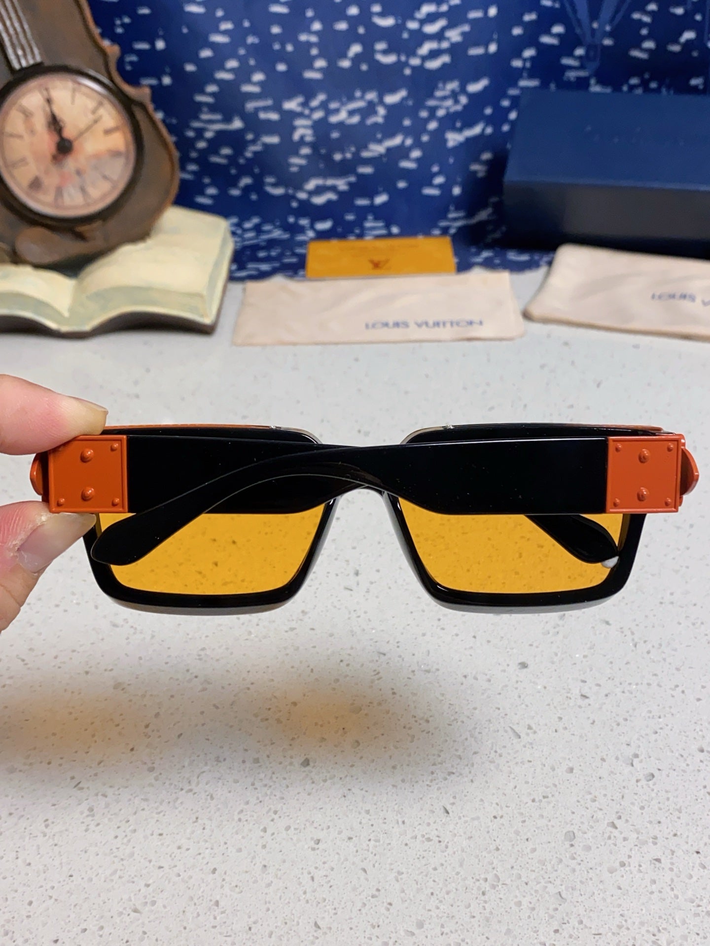 LOUIS VUITTON RECTANGLE SUNGLASSES 575848 IN BLACK ACETATE ORANGE METAL YELLOW LENS