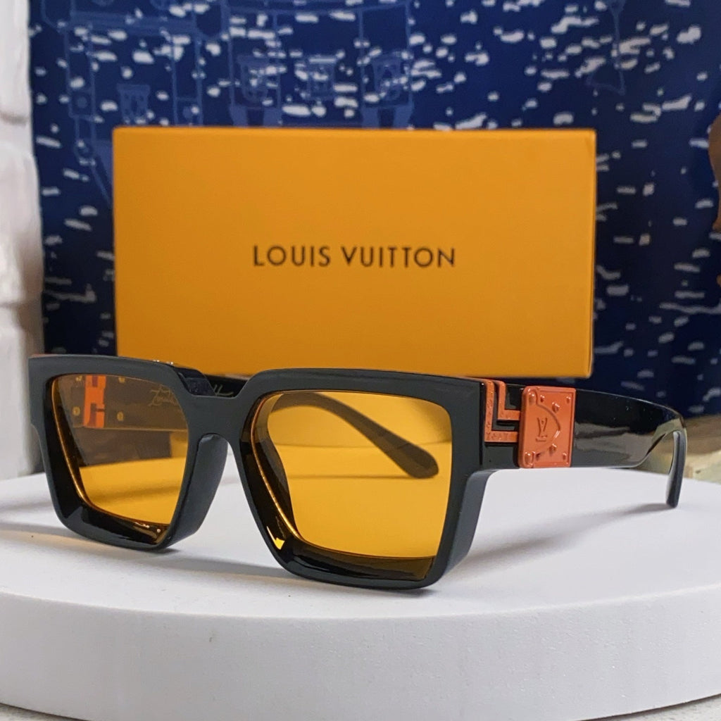 LOUIS VUITTON RECTANGLE SUNGLASSES 575848 IN BLACK ACETATE ORANGE METAL YELLOW LENS
