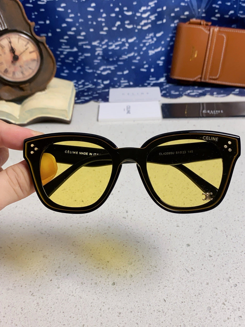 CELINE SQUARE SUNGLASS 575840 IN BLACK ACETATE GREEN LENSES