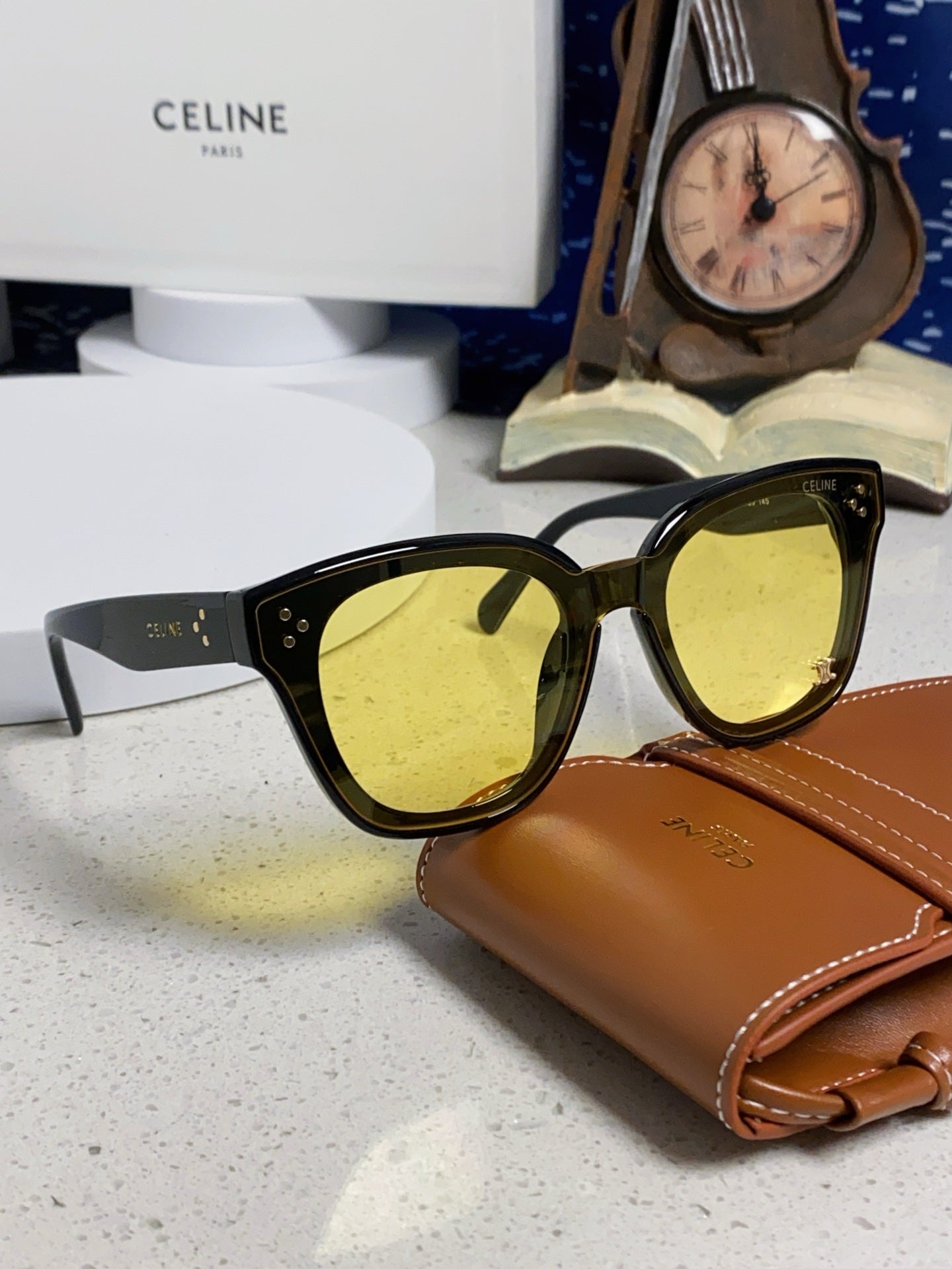 CELINE SQUARE SUNGLASS 575840 IN BLACK ACETATE GREEN LENSES