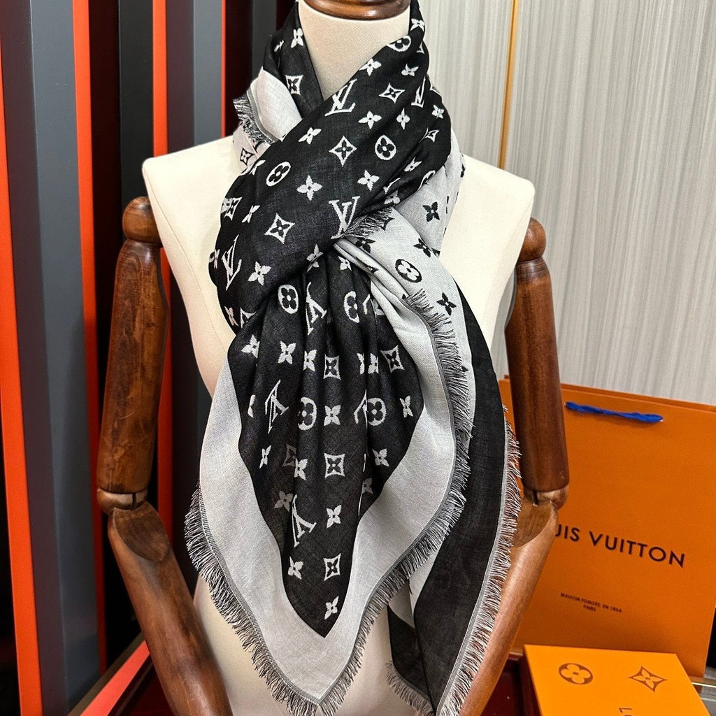 LOUIS VUITTON MONOGRAM 140 CM SQUARE SCARF IN BLACK MIX WHITE CASHMERE 391107