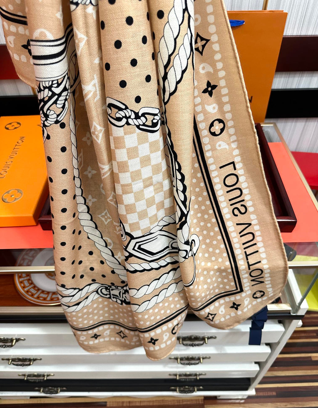 LOUIS VUITTON SAILOR BANDANA SQUARE IN BISQUE BEIGE SILK SCARF 140 CM