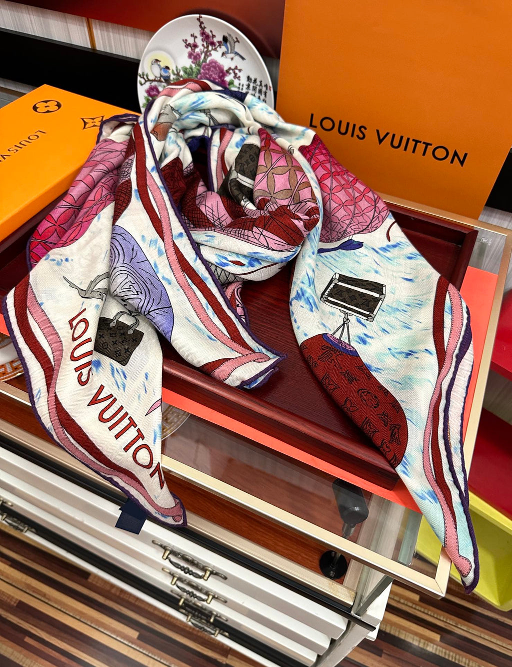 LOUIS VUITTON UP AND AWAY 140 CM SQUARE SILK SCARF COLORFUL 400073